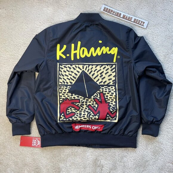 [L] KEITH HARING x MEMBERS ONLY Pyramid Heart Dance Artwork Bomber Jacket Black - Picture 1 of 10